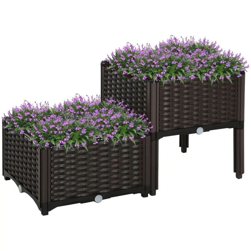 Conjunto de 2 Macetas Cuadradas Jardinera para Flores y Plantas con Orificios de Drenaje y Patas 40x40x26/44 cm Marrón