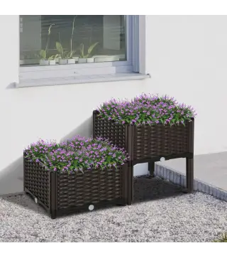 Conjunto de 2 Macetas Cuadradas Jardinera para Flores y Plantas con Orificios de Drenaje y Patas 40x40x26/44 cm Marrón