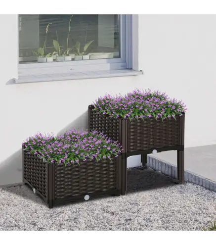 Conjunto de 2 Macetas Cuadradas Jardinera para Flores y Plantas con Orificios de Drenaje y Patas 40x40x26/44 cm Marrón