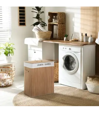 Cesta para Ropa Sucia de Bambú de Capacidad 100L con Tapa y Bolsa de Tela de 2 Compartimentos 52x32 x63 cm Bambú