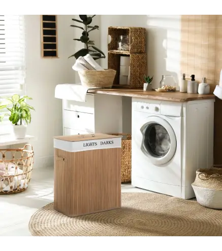Cesta para Ropa Sucia de Bambú de Capacidad 100L con Tapa y Bolsa de Tela de 2 Compartimentos 52x32 x63 cm Bambú
