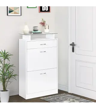 Organizador de Zapatos Multifuncional Zapatero con 3 Cajones Estante de Vidrio Asa de Aluminio para Pasillo Tablero de Partícula