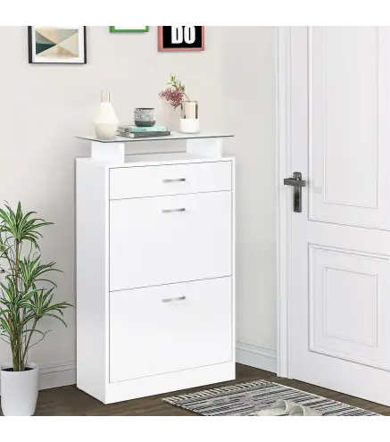 Organizador de Zapatos Multifuncional Zapatero con 3 Cajones Estante de Vidrio Asa de Aluminio para Pasillo Tablero de Partícula