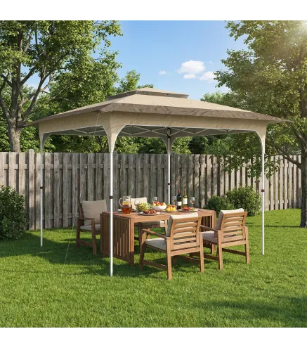 Carpa Plegable 3,5x3,5 m Pop-up con Altura Ajustable 3 Niveles Doble Techo Cierre Central y Bolsa UPF50+ Caqui