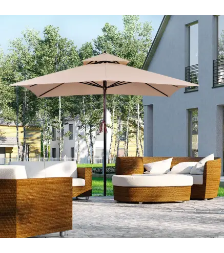 Parasol de Jardín de Metal 3x3x3 m con Doble Techo Impermeable y Manivela para Terraza Balcón Exterior Beige