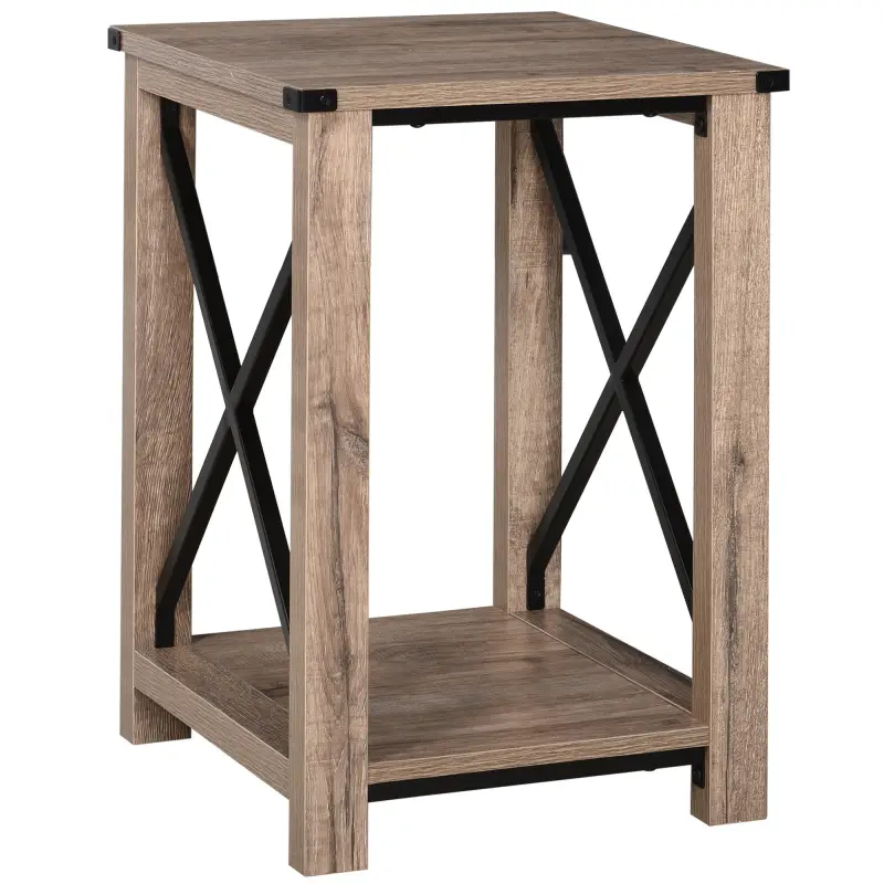 Mesa Auxiliar Estilo Retro Industrial con Estante de Almacenaje Multifuncional Marco de Forma X 40,5x40,5x60 cm Roble