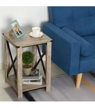 Mesa Auxiliar Estilo Retro Industrial con Estante de Almacenaje Multifuncional Marco de Forma X 40,5x40,5x60 cm Roble