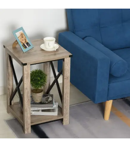 Mesa Auxiliar Estilo Retro Industrial con Estante de Almacenaje Multifuncional Marco de Forma X 40,5x40,5x60 cm Roble