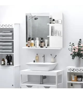 Espejo de Baño para Colgar en la Pared Espejo de Pared con 3 Estantes Incorporados 60x10x48 cm Blanco