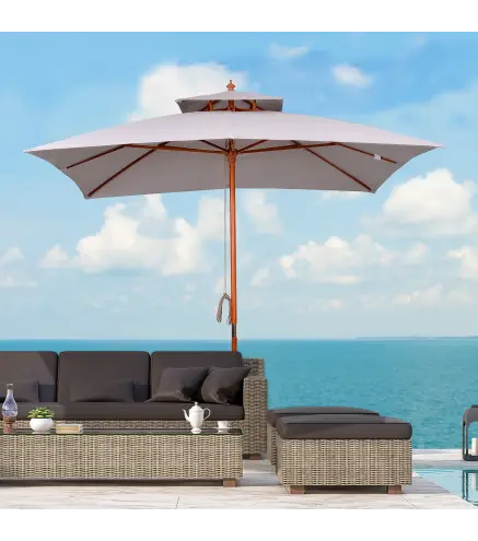 Sombrilla de Jardín 3x3x3 m con Doble Techo Sistema de Polea Impermeable para Terraza Balcón Exterior Gris