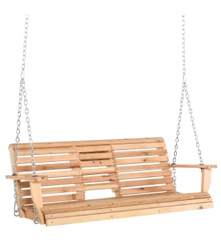 Banco Colgante de Madera con Mesa de Centro Plegable 2 Portavasos y Reposabrazos Carga 200 kg 150x75x53 cm Natural