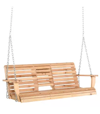 Banco Colgante de Madera con Mesa de Centro Plegable 2 Portavasos y Reposabrazos Carga 200 kg 150x75x53 cm Natural