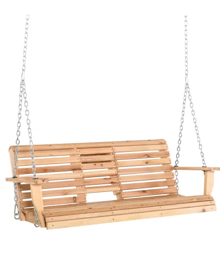 Banco Colgante de Madera con Mesa de Centro Plegable 2 Portavasos y Reposabrazos Carga 200 kg 150x75x53 cm Natural