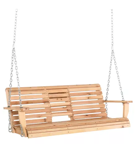 Banco Colgante de Madera con Mesa de Centro Plegable 2 Portavasos y Reposabrazos Carga 200 kg 150x75x53 cm Natural