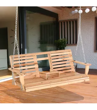 Banco Colgante de Madera con Mesa de Centro Plegable 2 Portavasos y Reposabrazos Carga 200 kg 150x75x53 cm Natural