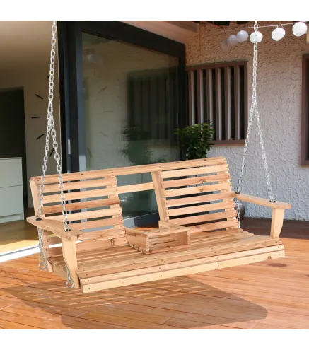 Banco Colgante de Madera con Mesa de Centro Plegable 2 Portavasos y Reposabrazos Carga 200 kg 150x75x53 cm Natural