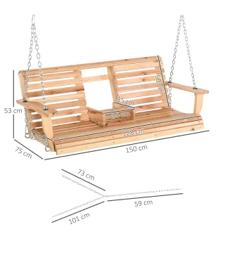 Banco Colgante de Madera con Mesa de Centro Plegable 2 Portavasos y Reposabrazos Carga 200 kg 150x75x53 cm Natural
