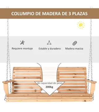Banco Colgante de Madera con Mesa de Centro Plegable 2 Portavasos y Reposabrazos Carga 200 kg 150x75x53 cm Natural
