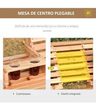 Banco Colgante de Madera con Mesa de Centro Plegable 2 Portavasos y Reposabrazos Carga 200 kg 150x75x53 cm Natural