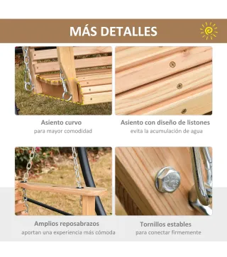 Banco Colgante de Madera con Mesa de Centro Plegable 2 Portavasos y Reposabrazos Carga 200 kg 150x75x53 cm Natural