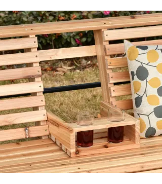 Banco Colgante de Madera con Mesa de Centro Plegable 2 Portavasos y Reposabrazos Carga 200 kg 150x75x53 cm Natural