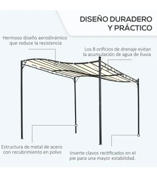 Cenador de Jardín 3x3 m Pérgola con Toldo y 16 Orificios de Drenaje para Patio Terraza Metal y Poliéster 180 g/m² Resistente Cre