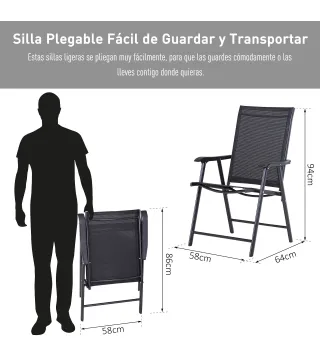 Conjunto de 2 Sillas Plegables para Exterior con Reposabrazos para Jardín Terraza Carga 110 kg 58x64x94 cm Negro