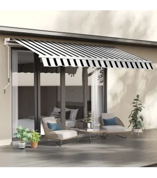 Toldo Manual Retráctil 395x245 cm Ángulo Ajustable Brazo Articulado Anti-UV e Impermeable Montaje a Pared Azul y Blanco