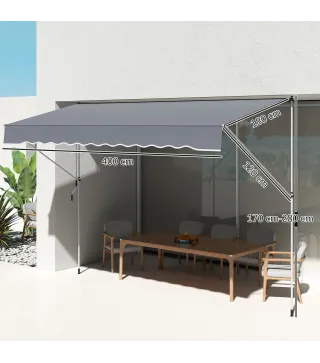 Toldo Manual Retráctil 4x1,2 m Altura Ajustable 170-280 cm con Manivela Anti-UV e Impermeable Sin Taladro Gris Oscuro