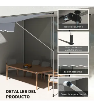 Toldo Manual Retráctil 4x1,2 m Altura Ajustable 170-280 cm con Manivela Anti-UV e Impermeable Sin Taladro Gris Oscuro