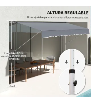 Toldo Manual Retráctil 4x1,2 m Altura Ajustable 170-280 cm con Manivela Anti-UV e Impermeable Sin Taladro Gris Oscuro
