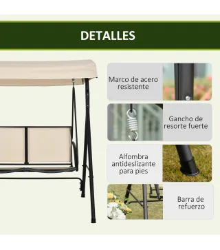 Columpio de Jardín Exterior de 2 Plazas Techo Ajustable y Marco de Acero Asientos de Textilene 140x118x162 cm Beige