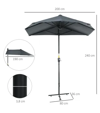 Parasol de Terraza 200x190x240 cm con Manivela Poste de Acero y Base Cruzada Anti-UV para Terraza Balcón Gris
