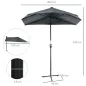 Parasol de Terraza 200x190x240 cm con Manivela Poste de Acero y Base Cruzada Anti-UV para Terraza Balcón Gris
