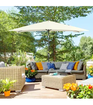 Sombrilla de Aluminio 195x295x253 Parasol Rectangular de Jardín Inclinable con Manivela y Poste Desmontable Crema