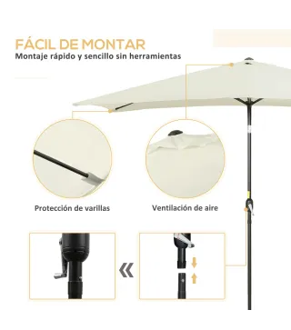 Sombrilla de Aluminio 195x295x253 Parasol Rectangular de Jardín Inclinable con Manivela y Poste Desmontable Crema