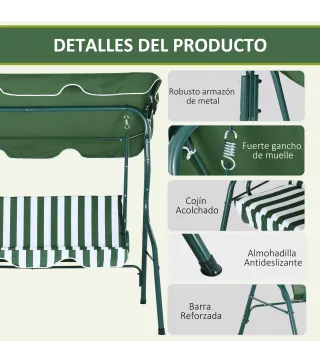 Balancín de Exterior con Toldo Ajustable en Ángulo Impermeable y Marco de Acero para Patio Balcón 170x110x153 cm Verde