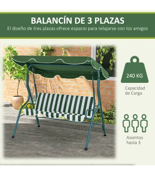 Balancín de Exterior con Toldo Ajustable en Ángulo Impermeable y Marco de Acero para Patio Balcón 170x110x153 cm Verde