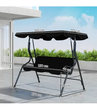 Columpio de Exterior con Toldo Ajustable en Ángulo Impermeable y Marco de Acero para Patio Balcón 170x110x153 cm Negro