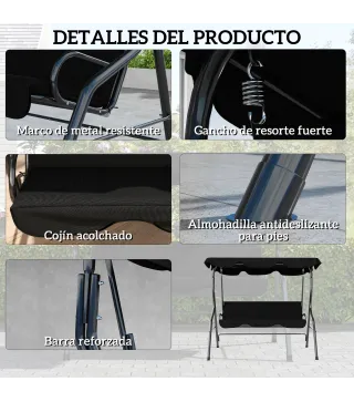 Columpio de Exterior con Toldo Ajustable en Ángulo Impermeable y Marco de Acero para Patio Balcón 170x110x153 cm Negro