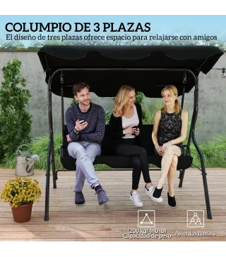 Columpio de Exterior con Toldo Ajustable en Ángulo Impermeable y Marco de Acero para Patio Balcón 170x110x153 cm Negro