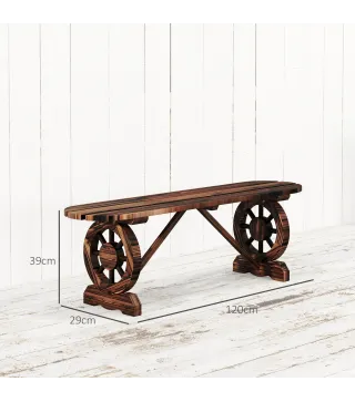 Banco de de Madera con 2 Ruedas Decorativas Estilo Rústico Carga 200 kg 120x29x39 cm Carbonizado