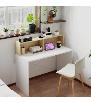 Escritorio 110x50x102,6 cm Mesa de Escritorio con 2 Compartimentos Abiertos y Estante Blanco y Madera Natural