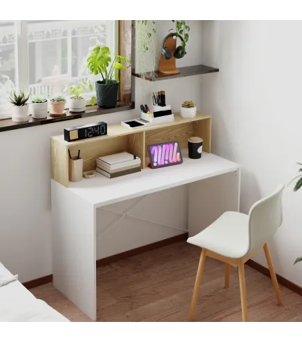 Escritorio 110x50x102,6 cm Mesa de Escritorio con 2 Compartimentos Abiertos y Estante Blanco y Madera Natural
