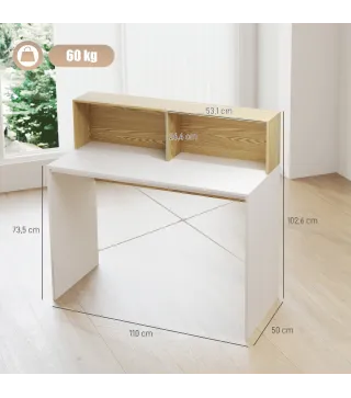 Escritorio 110x50x102,6 cm Mesa de Escritorio con 2 Compartimentos Abiertos y Estante Blanco y Madera Natural