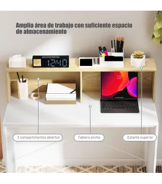 Escritorio 110x50x102,6 cm Mesa de Escritorio con 2 Compartimentos Abiertos y Estante Blanco y Madera Natural