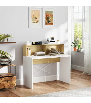 Escritorio 110x50x102,6 cm Mesa de Escritorio con 2 Compartimentos Abiertos y Estante Blanco y Madera Natural