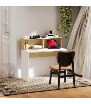 Escritorio 110x50x102,6 cm Mesa de Escritorio con 2 Compartimentos Abiertos y Estante Blanco y Madera Natural