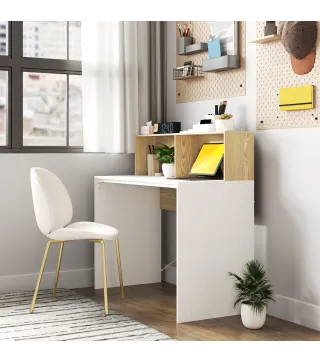 Escritorio 110x50x102,6 cm Mesa de Escritorio con 2 Compartimentos Abiertos y Estante Blanco y Madera Natural