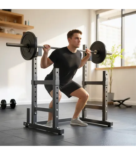 Soporte Barra Pesas Ajustable en Altura con Topes de Seguridad para Sentadillas y Press de Banca en Casa Carga 300 kg